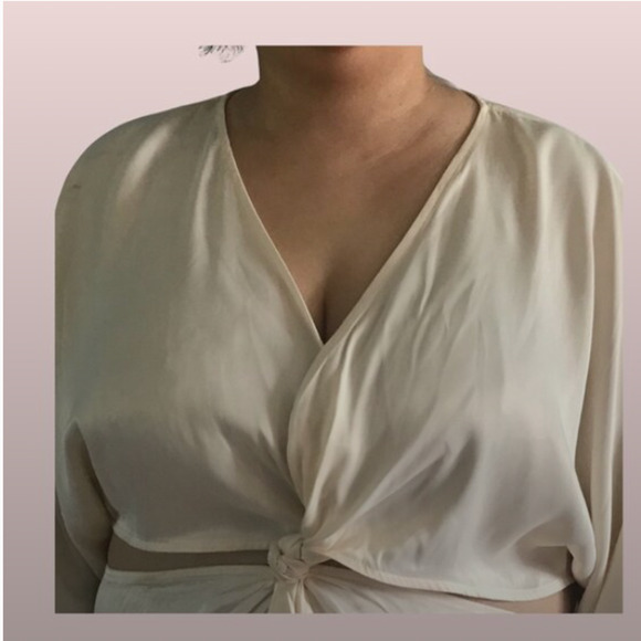 H&M Ivory Cut Out 3/4 Sleeve Mini Dress Size XL Lagenlook Plunge Minimalist EUC - Picture 6 of 16